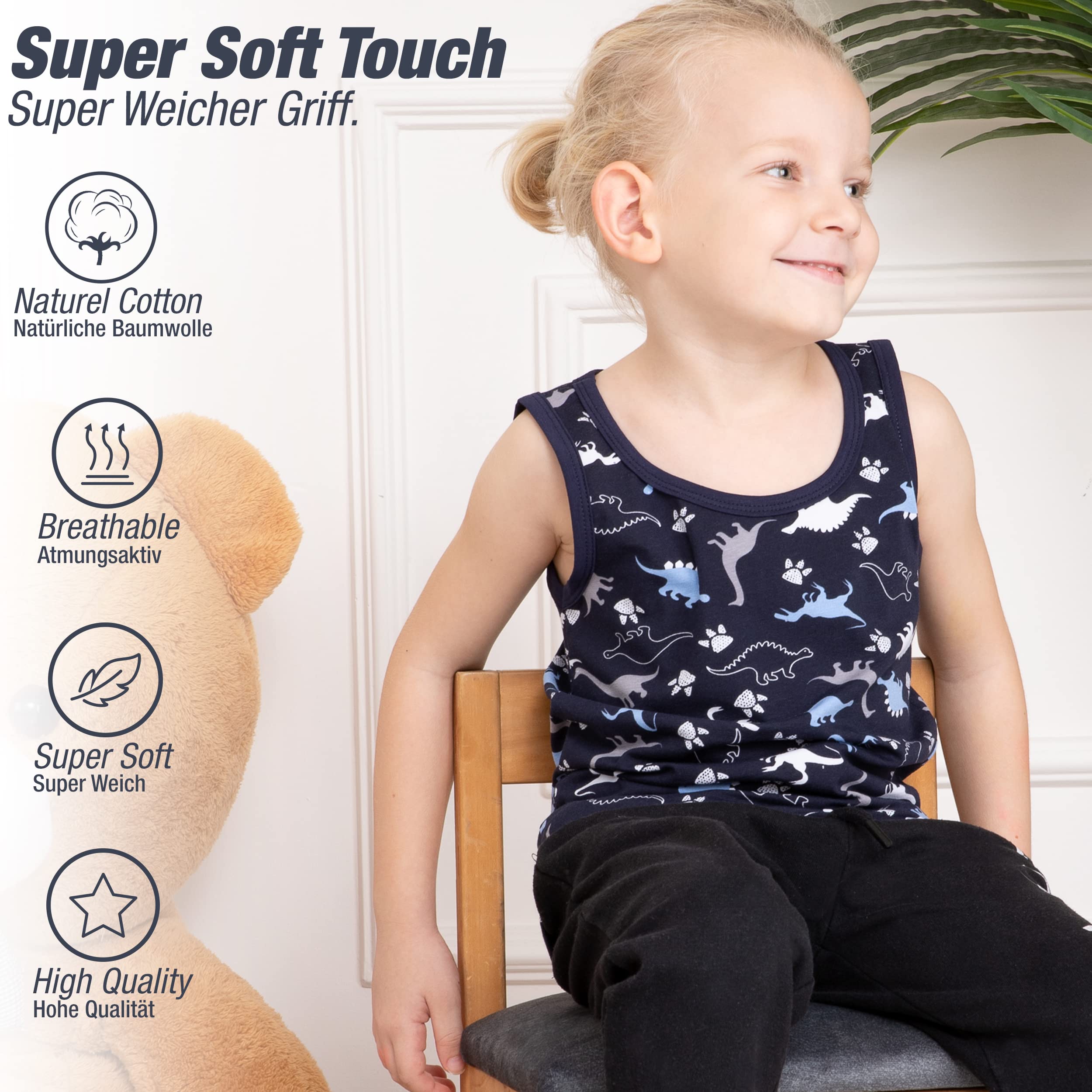 LOREZA ® Camiseta Interior de Tirantes para niño - Algodón - Motivo Dinosaurios - Disponible en Tallas de 2 a 11 años - Pack de 5 Unidades