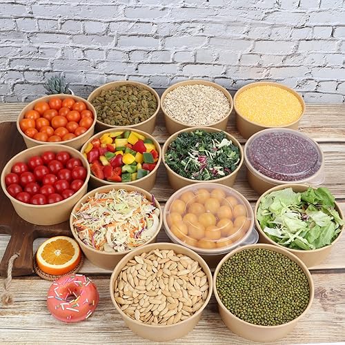 Miniatura 7 de Cuencos desechables de papel kraft de 25 onzas con tapas, recipientes de alimentos, cuencos de sopa, suministros de fiesta, cuencos de golosinas,