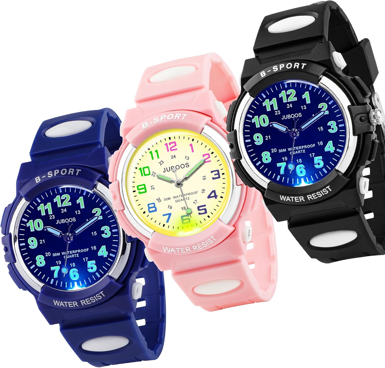 Juboos 3PCS Kids Watch Analog with 7 Colorful Night Lights Boys Girls Waterproof Soft Strap Kids Time Teaching Quartz Wristwatch for Ages 5-18