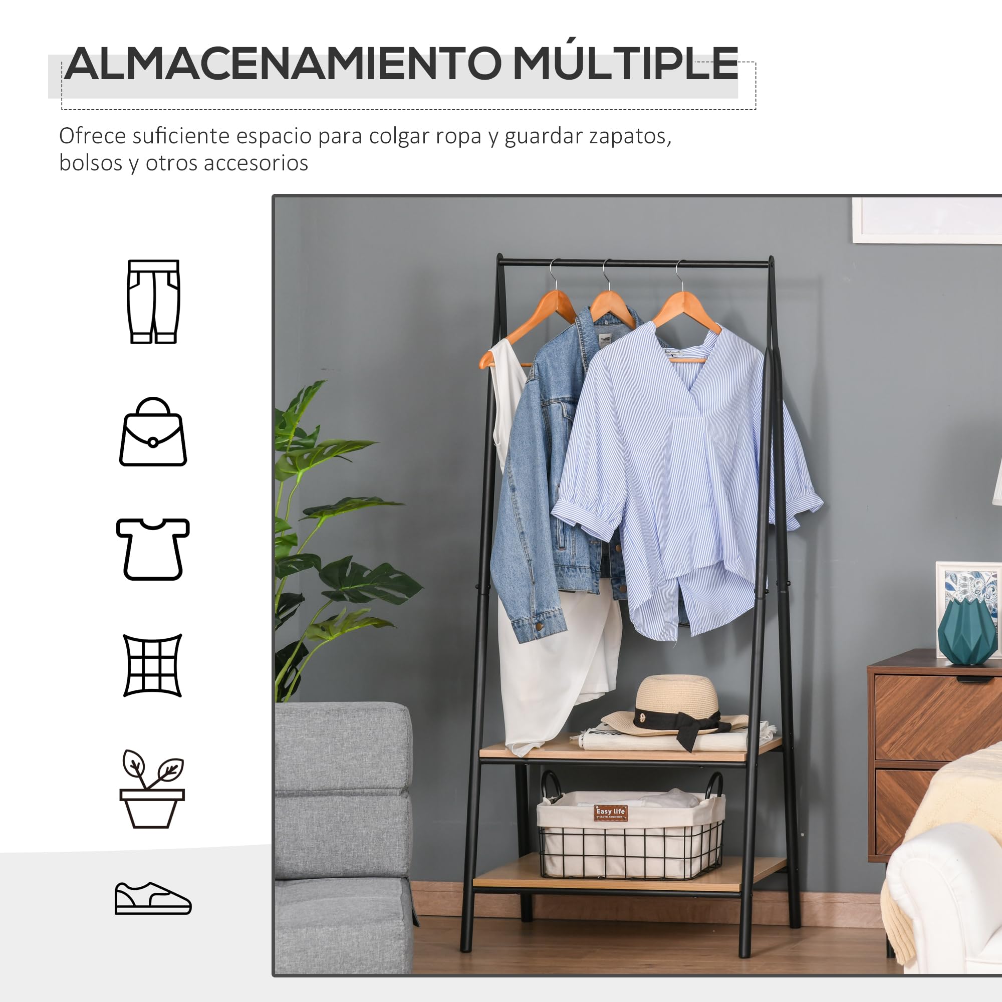 HOMCOM Perchero de Ropa Burro de Pie 2 Estantes 64x42,5x149 cm Negro