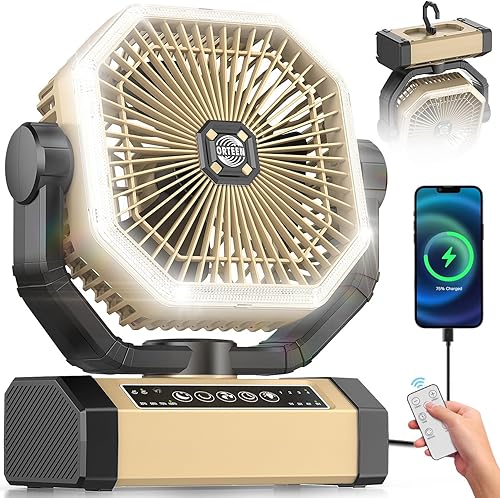 Ventilador de camping recargable  Ventilador alimentado por batería de 9 pulgadas, 20000 mAh (60 horas) funciona con pilas para camping, oscilación