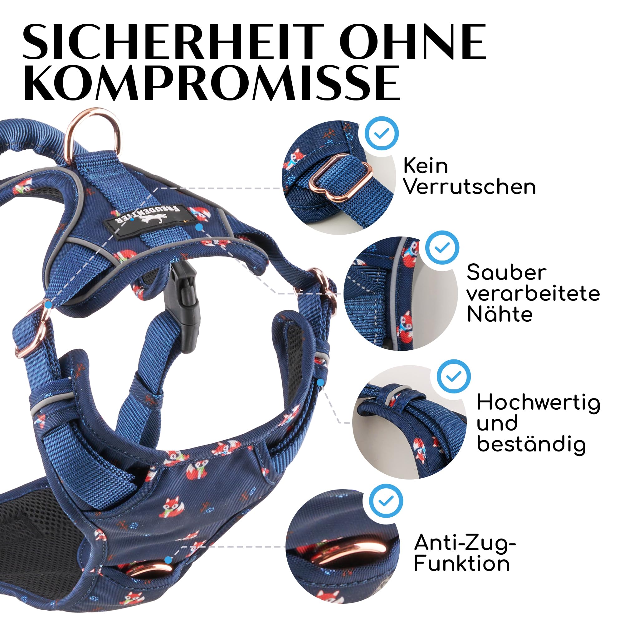 FREUDENTIER Hundegeschirr mit Griff & atmungsaktiver Polsterung - Höchster Komfort, fester Sitz & maximale Sicherheit - Anti Zug - Lets get Foxy Kollektion - Für kleine, mittelgroße & grosse Hunde (M)