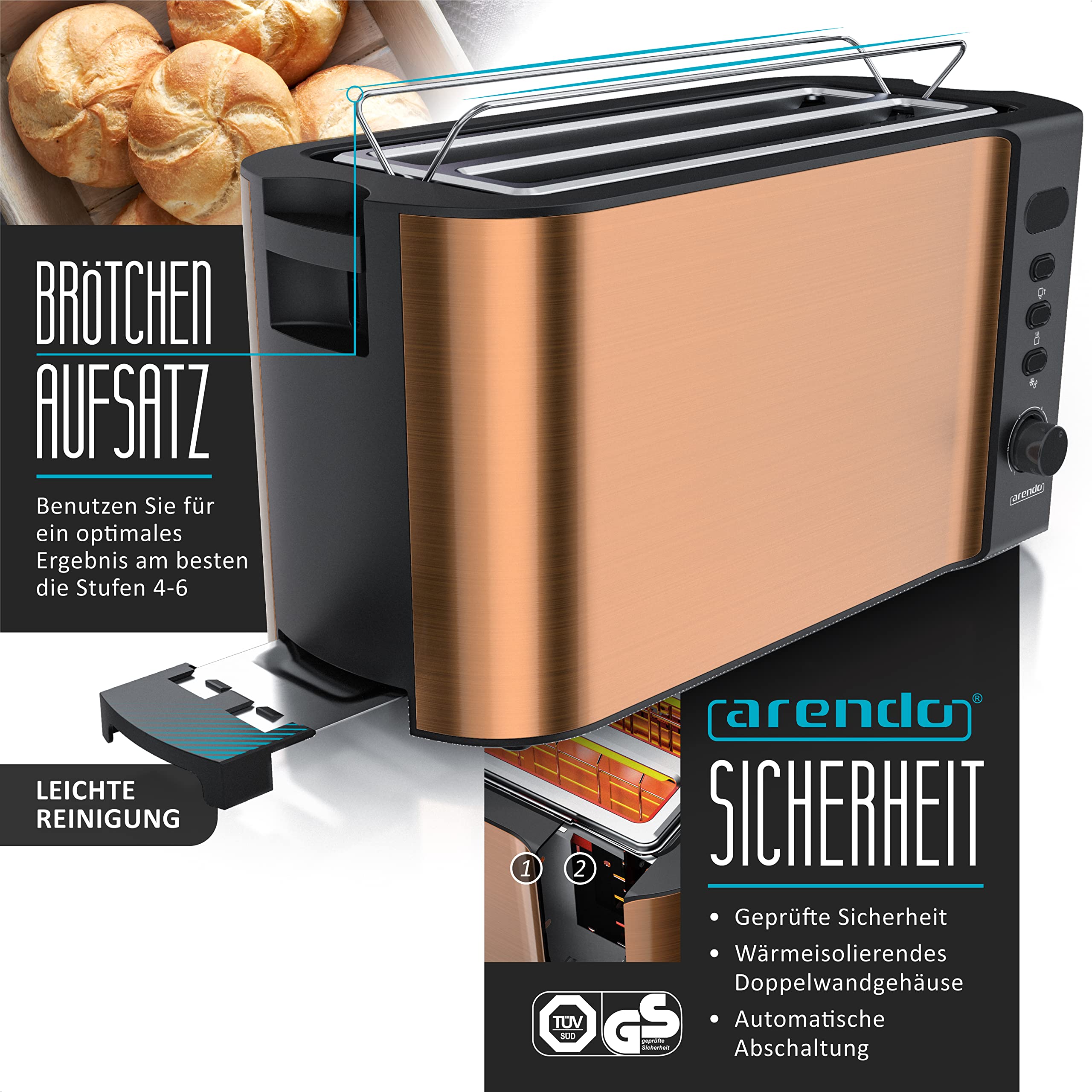 Arendo Wasserkocher Toaster SET Edelstahl Kupfer 1,5L 40-100°C Warmhaltefunktion 4 Scheiben Display 6 Bräunungsgrade
