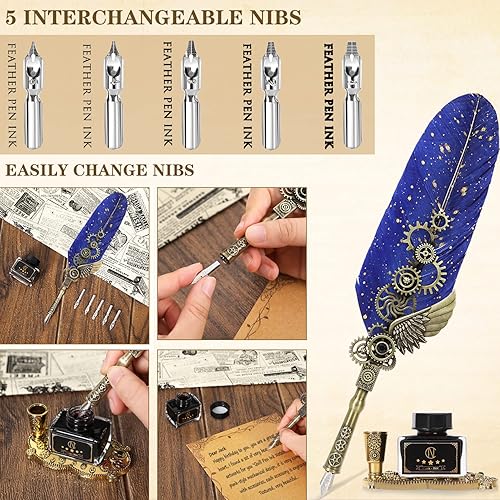 Miniatura 4 de NC Juego de tinta de plumas, bolígrafo, cuaderno, 5 puntas reemplazables, tinta, soporte para bolígrafo, taza, sello, cuchara, cuentas de cera, cera