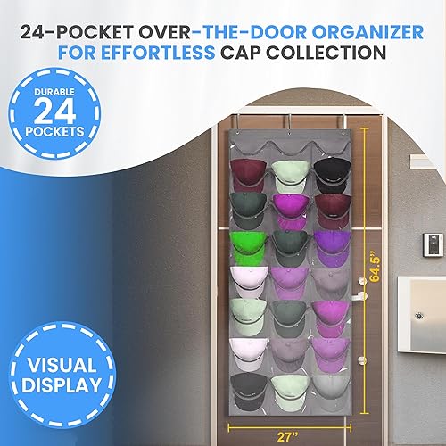 Miniatura 3 de Perchero para sombreros, organizador para pared o puerta, 24 bolsillos profundos transparentes, almacenamiento para gorras de béisbol, ganchos