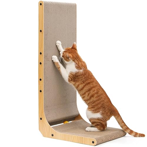 FUKUMARU Cat Scratcher, 83cm L Shape Cats Scratch Pad Wall Mounted, Cat Scratching Cardboard with Ball Toy for Indoor Cats, Extra Large - XL