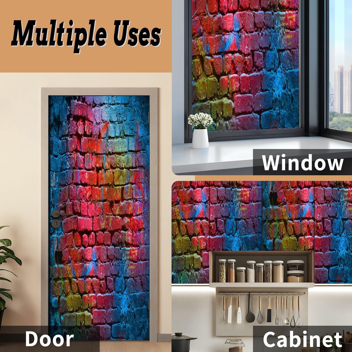 Self Adhesive Vinyl Refrigerator Wrap Graffiti Brick wall Door Mural Sticker Peel and Stick Removable Door Cover Fridge Wrap Decal for Kitchen Decor