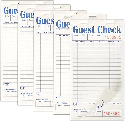 FMP Brands Libros de cheques de invitados para servidores, papel de bloc de notas de servidor, total de 250 hojas (5 blocs), blanco con recibo de
