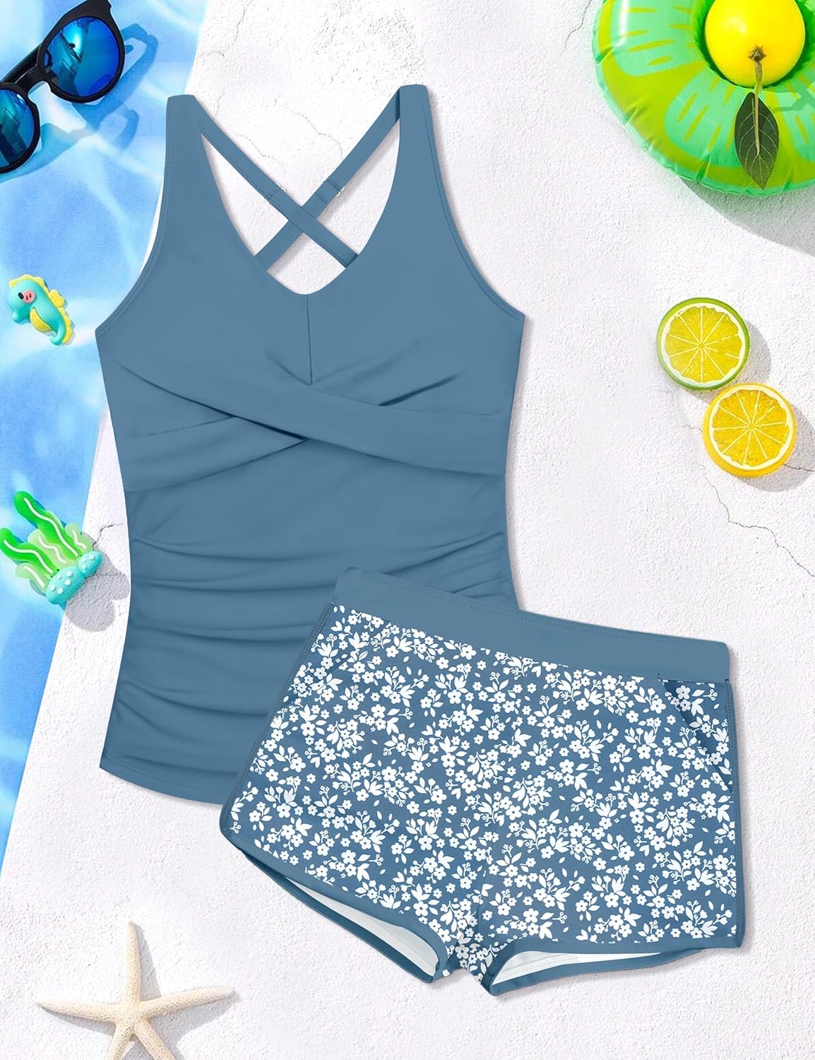 Girls Tankini Swimsuits 2 Piece Criss Cross Ruched Swimwear Printed Swim Shorts Girl Bathing Suit for 9-16 Years - Image 6