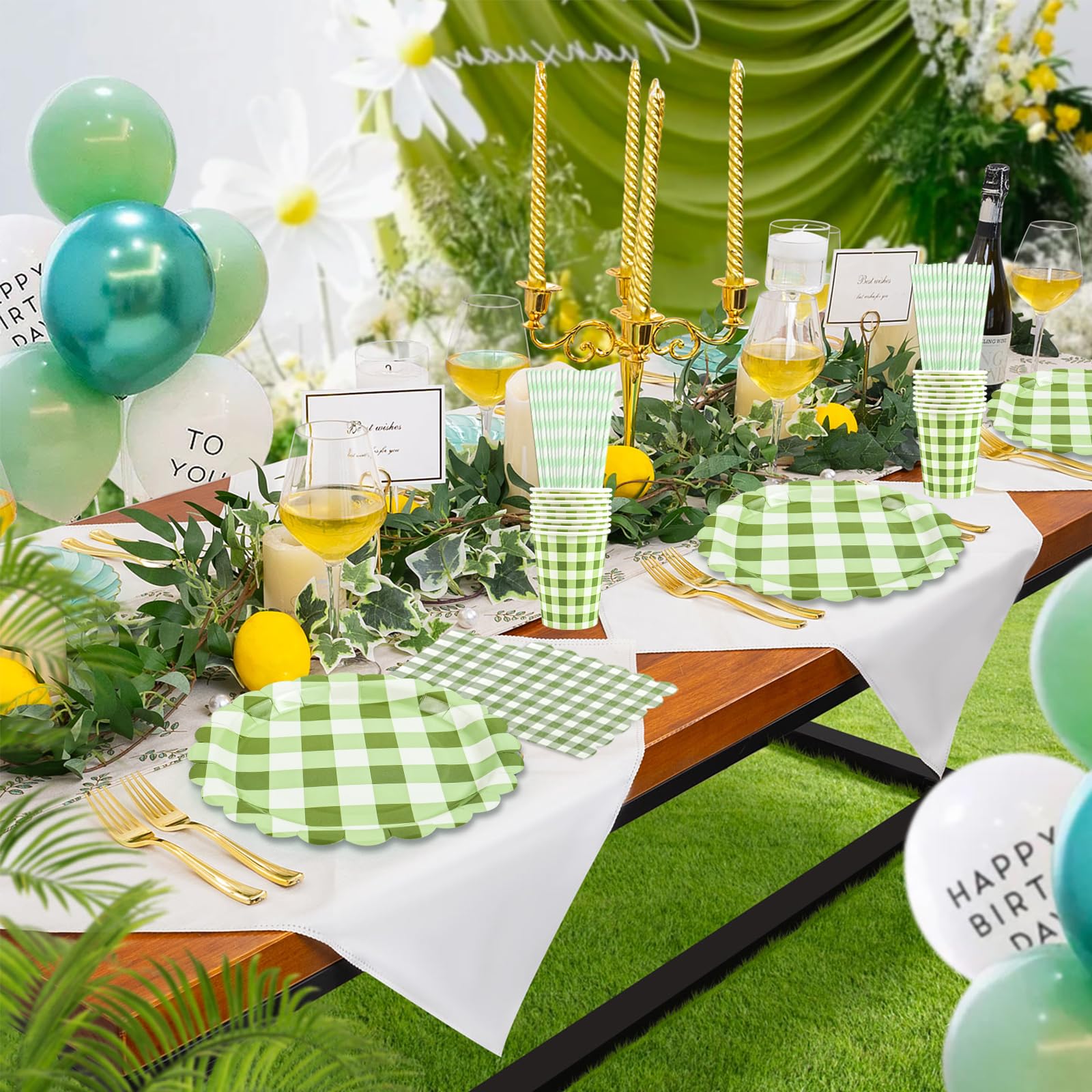 80 piezas de juego de vajilla de fiesta salvia y gingham, juego de platos y vasos de gingham para fiesta de té, cumpleaños, bodas, baby shower, decoración, aniversario