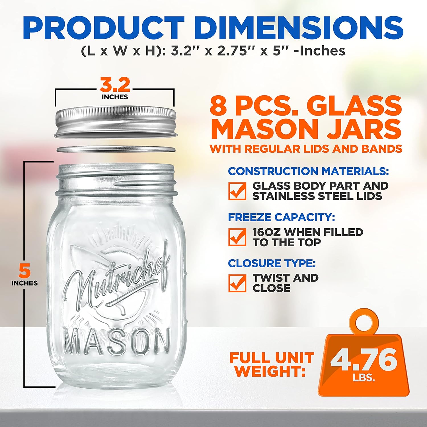 NutriChef 8-Pack 16 oz Mason Jars with Lids - Thick Glass Canning Jars with Stainless Steel Lids - Ideal for DIY Spices, Meal Prep, Overnight Oats, Jelly, Jam, Honey, Candles, Crafts, & More 8 pack
