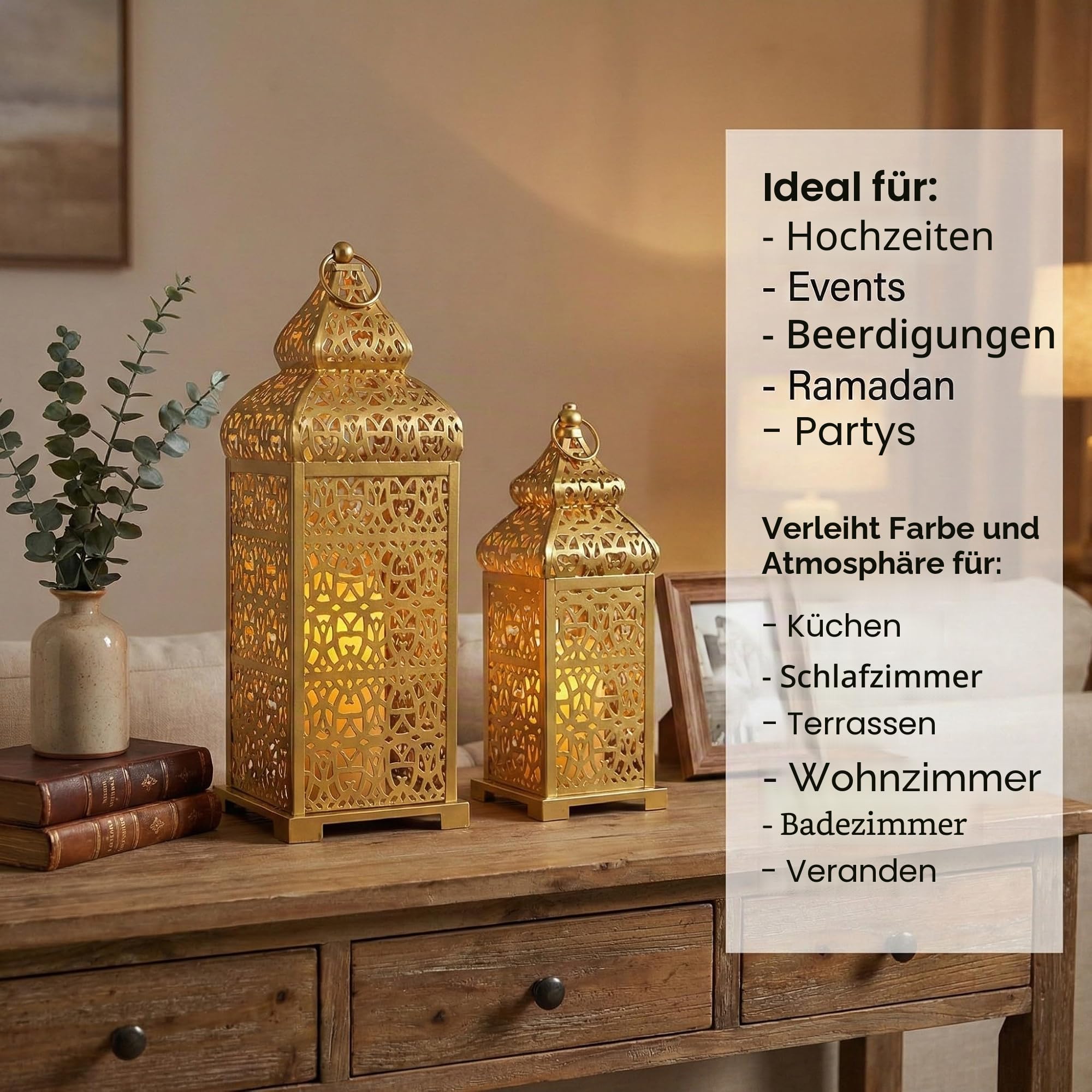 VELA LANTERNS Große goldene Tempel marokkanische Laterne Lampe Dekorative Kerzenhalter für Ramadan-Dekorationen, Hängen, Außenterrasse oder Veranda, Inneneinrichtung, Gold, 2 Stück