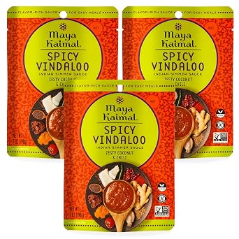 MAYA KAIMAL Spicy Vindaloo Simmer Sauce | 7oz Easy Pour Pouch | Spicy Indian Simmer Sauce with Zesty Coconut and Chili, Vegan, Gluten Free, and Non-GMO