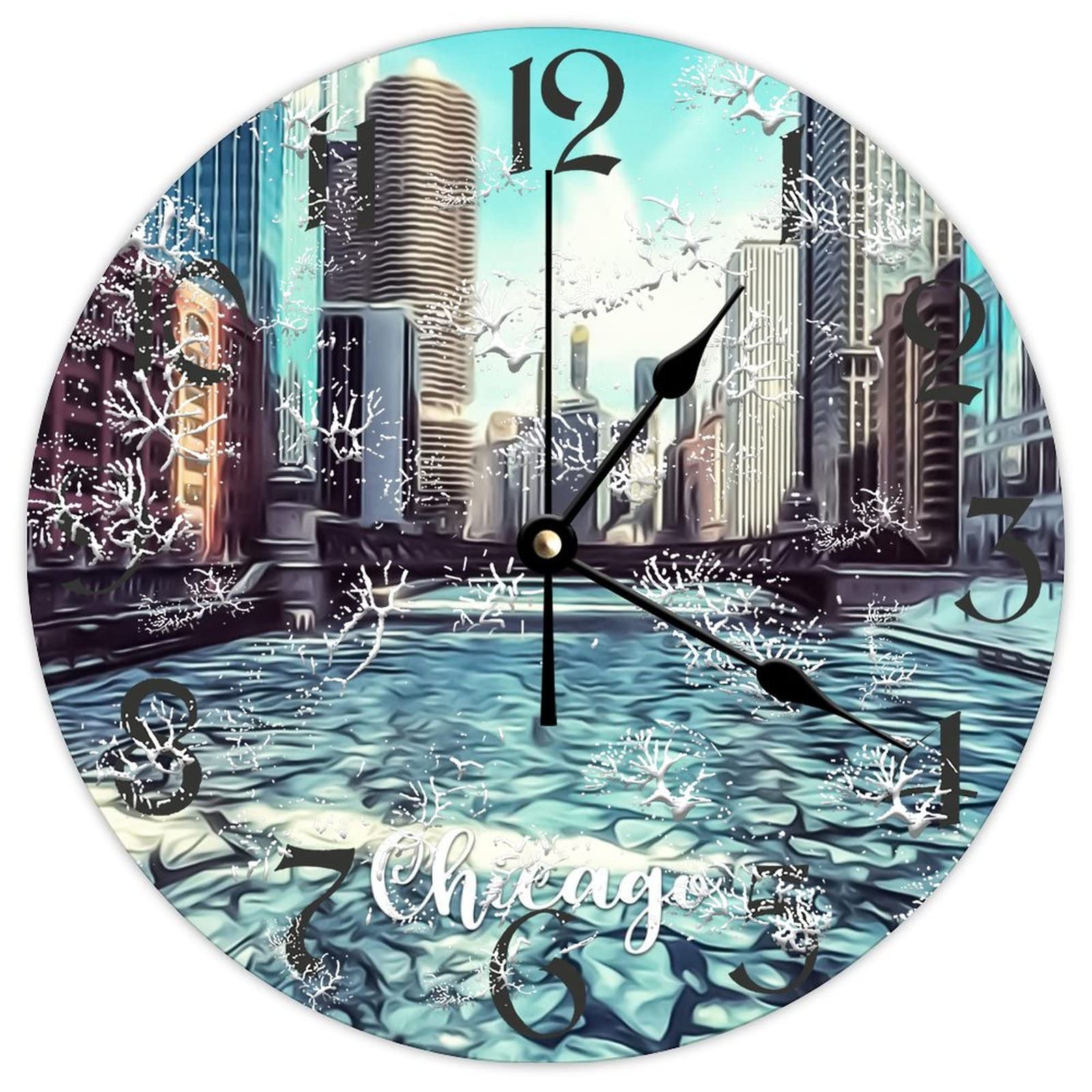 Horloge murale ronde en bois Chicago City 38 cm mouvement quartz
