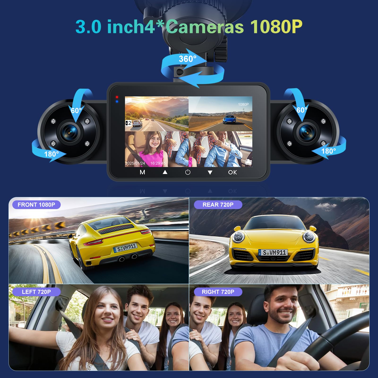 Dash CAM Delantera y Trasera en El Interior, Dash CAM de 4 Canales Pantalla IPS de 3" Delantera y Trasera con Sensor-G, Estacionamiento Las 24H, Visión Nocturna, Grabación en Bucle +Tarjeta de 64 GB