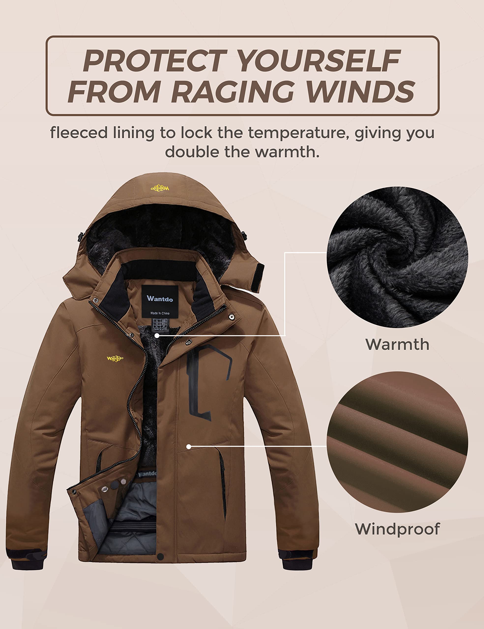 Wantdo Giacca da Sci Montagna Calda Invernale Parka da Neve Imbottita Cappotto da Snowboard in Pile Giubbotto con Cappuccio Impermeabile Uomo