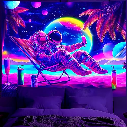 Miniatura 15 de BVBOX Tapiz de astronauta espacial con luz negra, 79 x 59 pulgadas, astronauta reactivo a los rayos UV, piano electrónico, universo, galaxia,