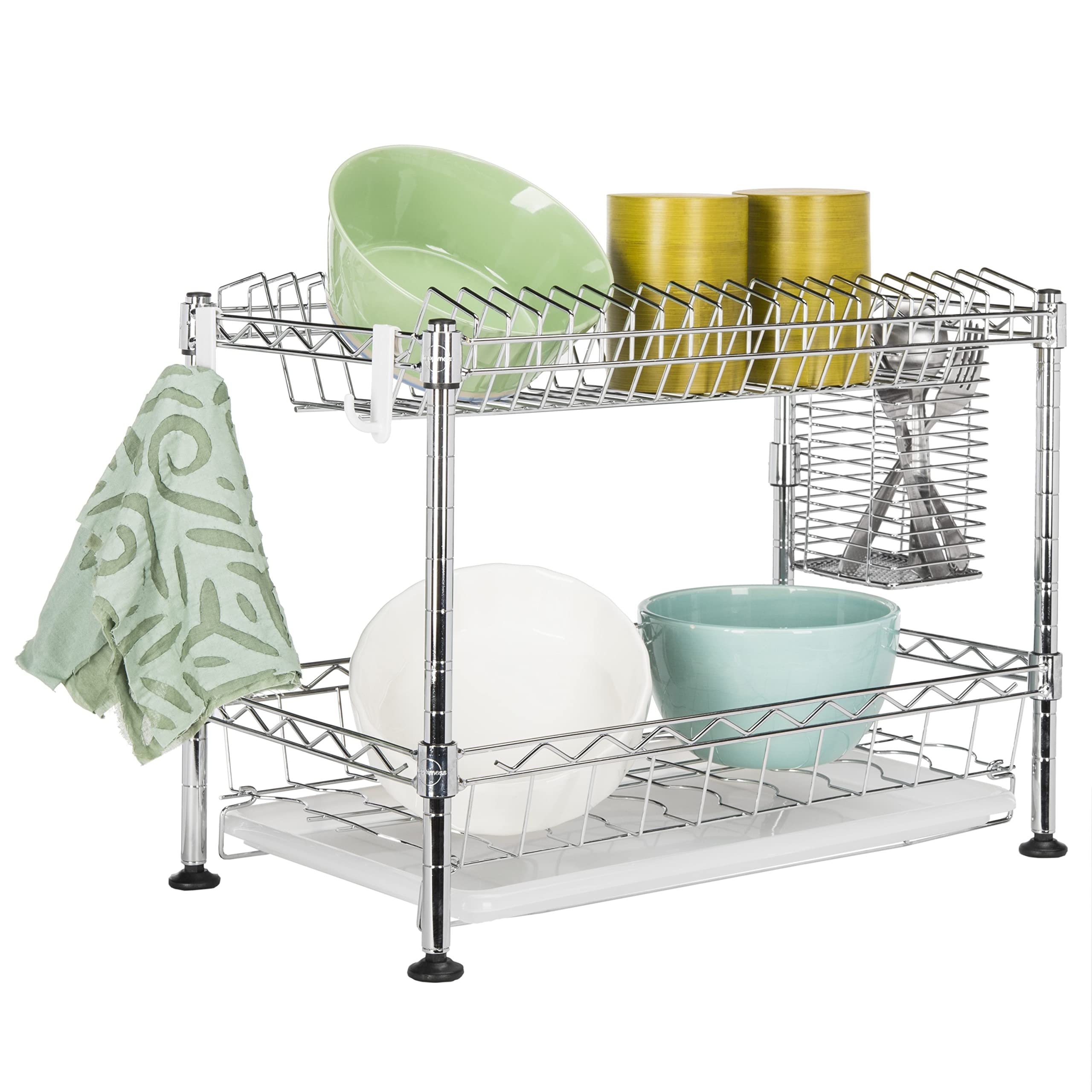 happimess DSH1002A Brooklyn 24' 2-Tier Adjustable Dish Rack with a Cutlery Holder, Durable Carbon Steel for Various Tableware, Easy Installation, Chrome