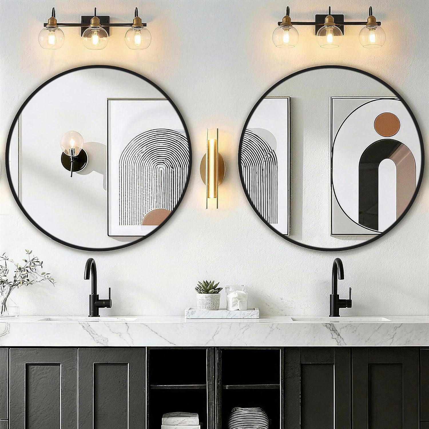 Round Bathroom Mirror for Wall, 2 Pack 26" Black Circle Mirror, Tempered Glass Bathroom Mirror for Over Sink, Modern Metal Framed Round Vanity Mirror for Entryway, Bedroom, Living Room