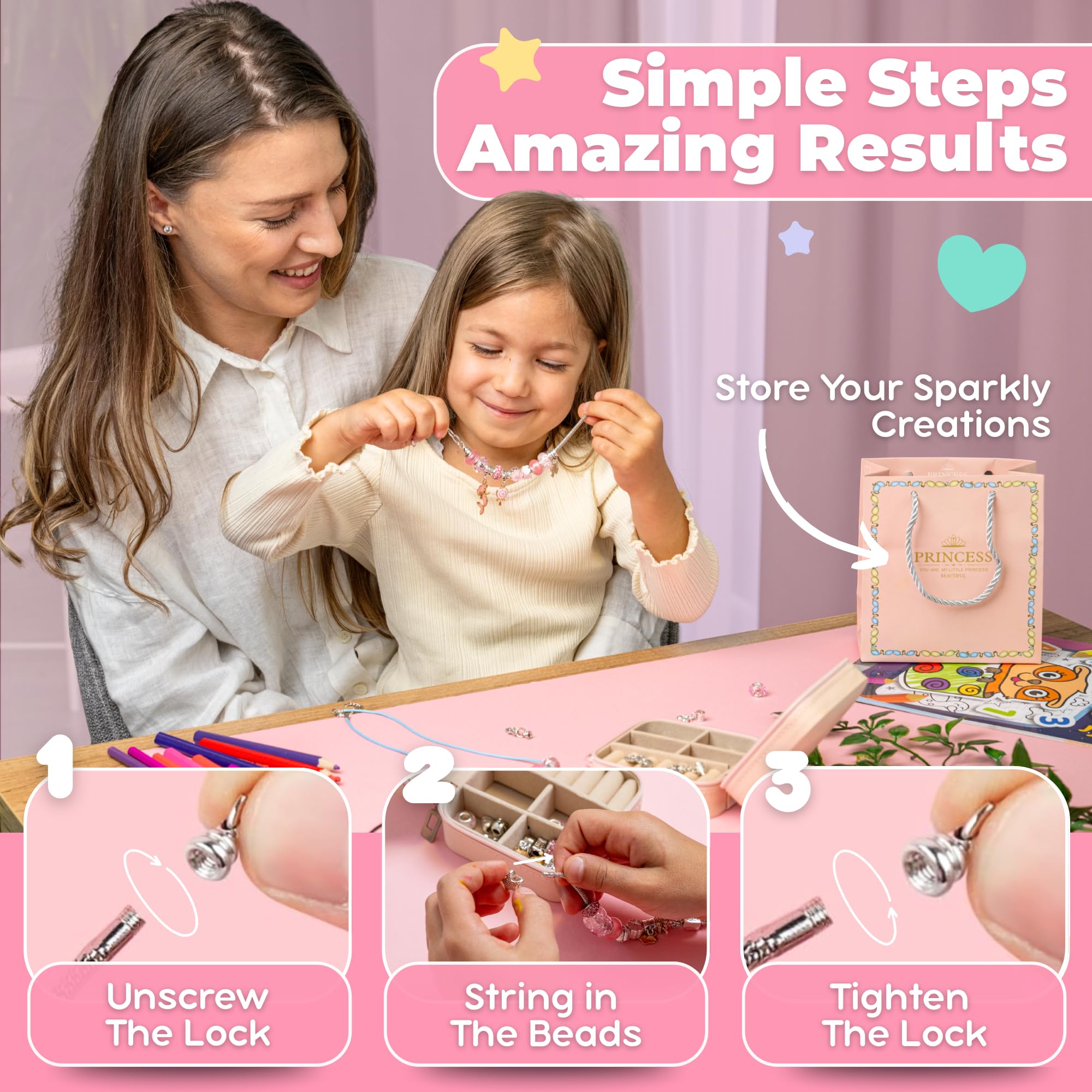 ARTZII Kit per la creazione di braccialetti tutto in uno per bambini, gioielli da principessa, ciondoli per bracciali, perline per braccialetti kit artigianali, accessori divertenti e facili per la