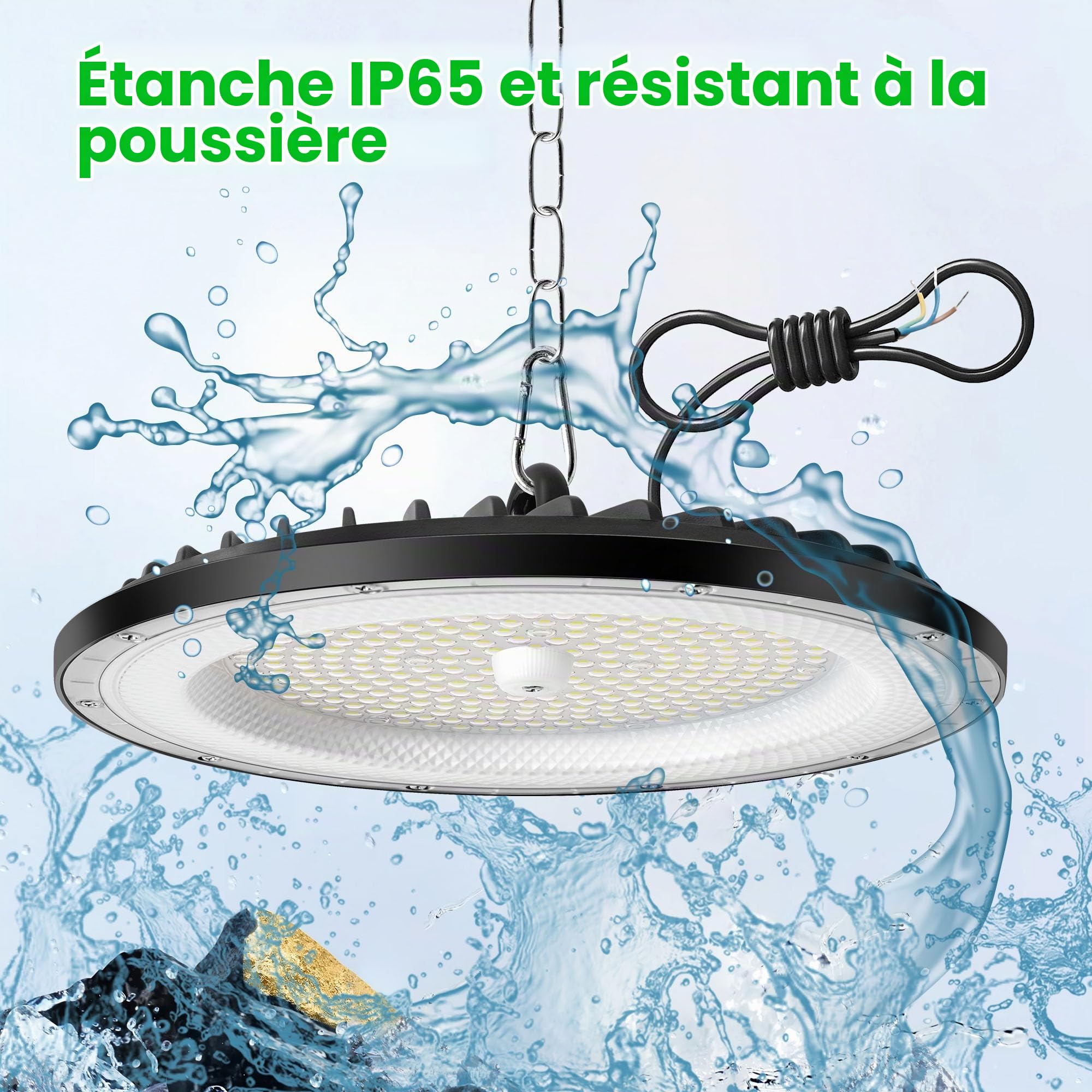 4 Pièces Lampe Eclairage Atelier 150W, 22500LM UFO Eclairage Plafonnier LED Garage avec Chaine, 6000K Projecteur LED Intérieur, IP65 Étanche Éclairage de Plafond pour Garage, Entrepôt, Gymnase