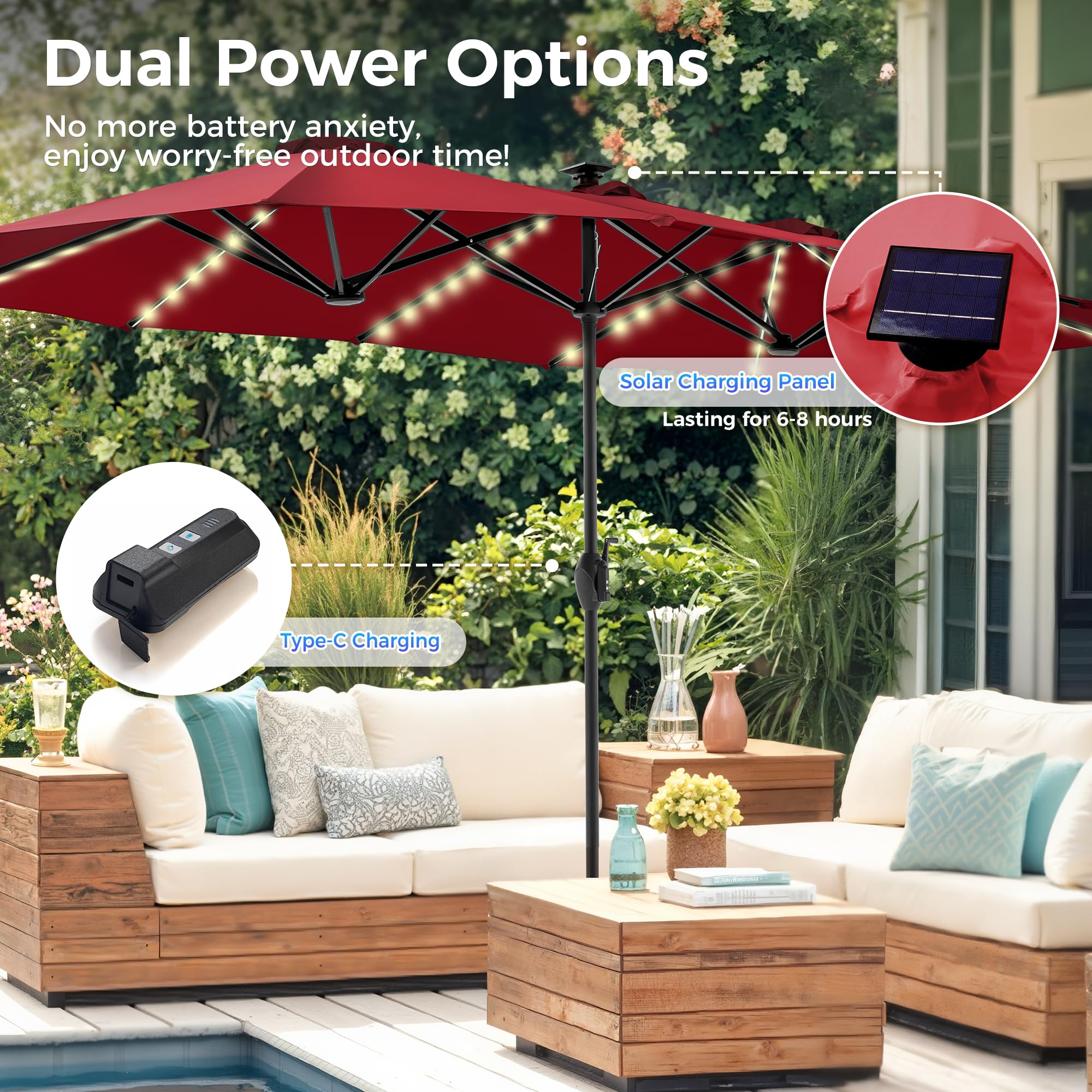 SUPERJARE 13ft Outdoor Patio Umbrella with Solar Lights, Double-sided Deck Pool Umbrella with 1.5 Inch Pole, Fade Resistant Canopy, 12 Sturdy Ribs, for Porch, Market, Backyard, Burgundy(No Base) : Patio