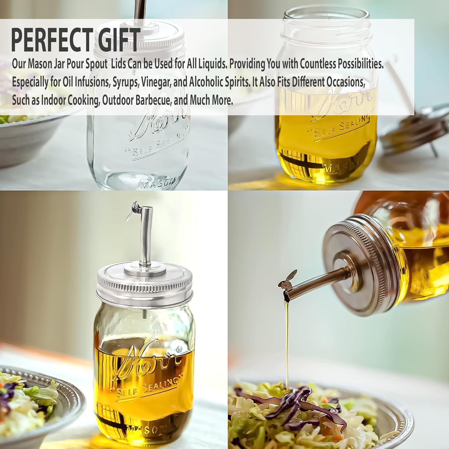 Mason Jar Pour Spout Lid for Ball Regular Mouth Mason Jars - (2 Pack) - Suitable for any liquid - Stainless Steel Open Closed Dispenser Lid for Olive Oil, Vinegar, Syrup, Milk, and Salad Dressing