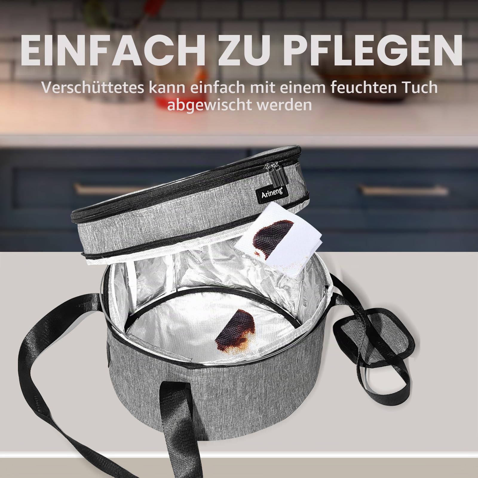 Kuchenträger Hartseitiges Design, Isoliertasche für Aufläufe, runder isolierter Kühler, Kuchenblech mit Deckel und Griff für heiße und kalte Speisen, Auflaufformen (Grau)