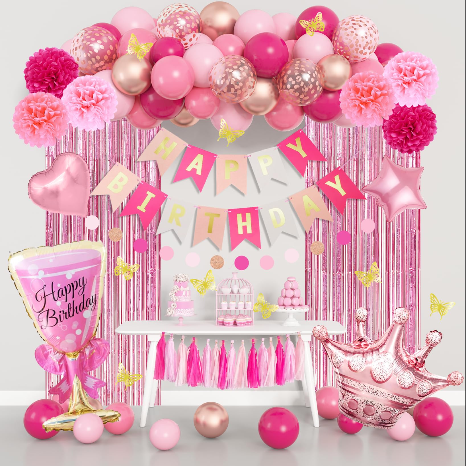 Pink Birthday Party Decorations Kit for Women Girls, Foil Confetti Rose Gold Hot Pink Balloons Happy Birthday Banner Fringe Curtains Butterfly Decor Circle Dots Tassels Pom Supplies 30th 40th 50th Her