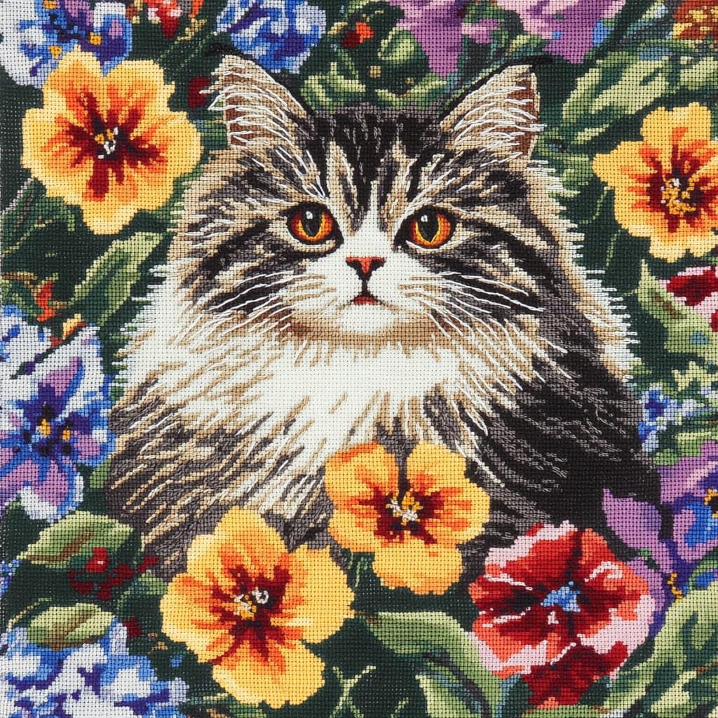 Taxpy Latch Hook Cushion Kits 17X17Inch, Cat in the Flower Bushes Latch Hook Pillow Case Kits Embroidery Kit, DIY Needlework Pillow Cover Cushion Rug Making Kit