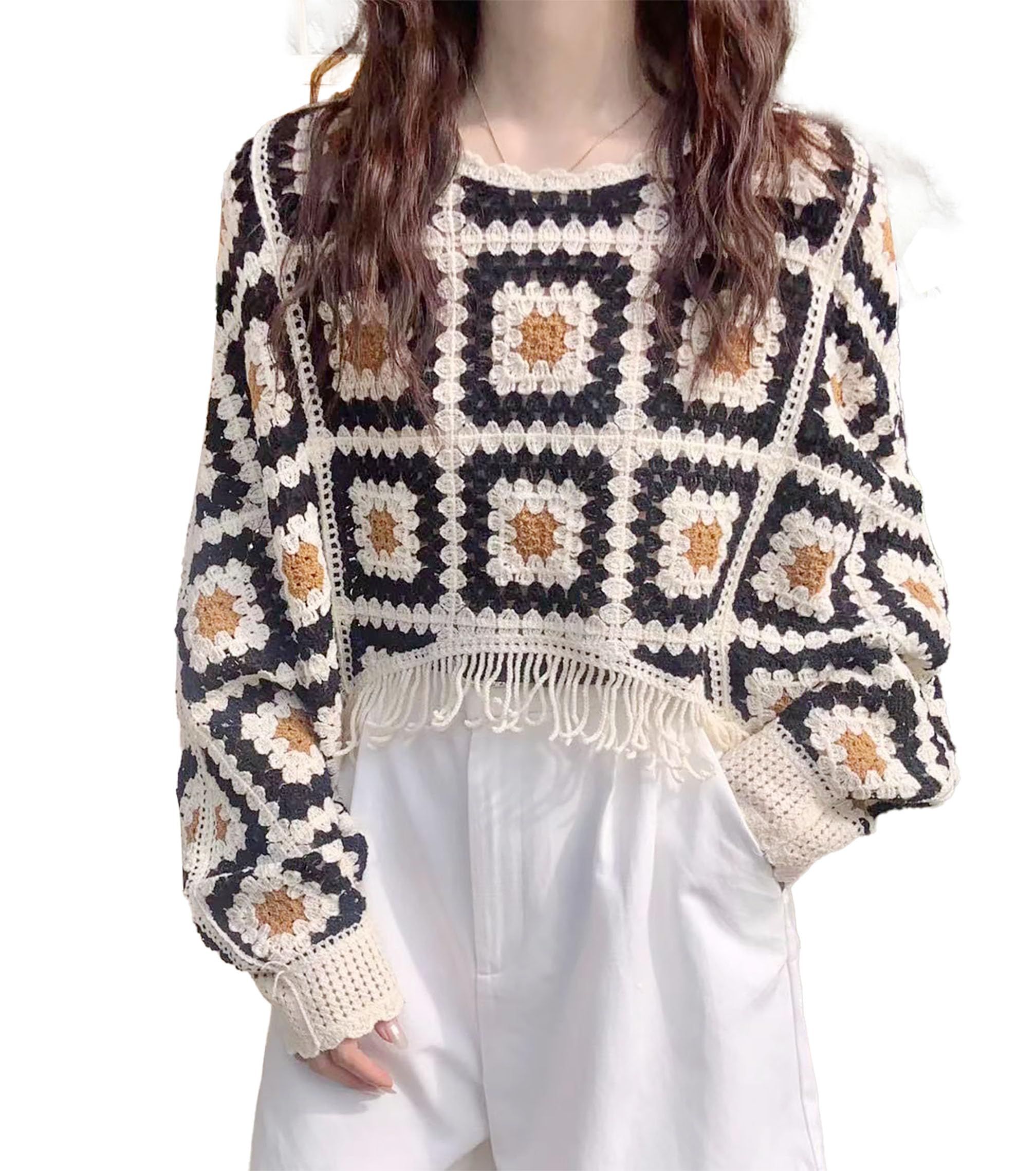 icw Women Multicolour Hollow Out Batwing Sleeves Crochet Cape Poncho Bohemian Tassel Crop Top Dn13 (Fit to 32-38 Inch Bust)-picture-29