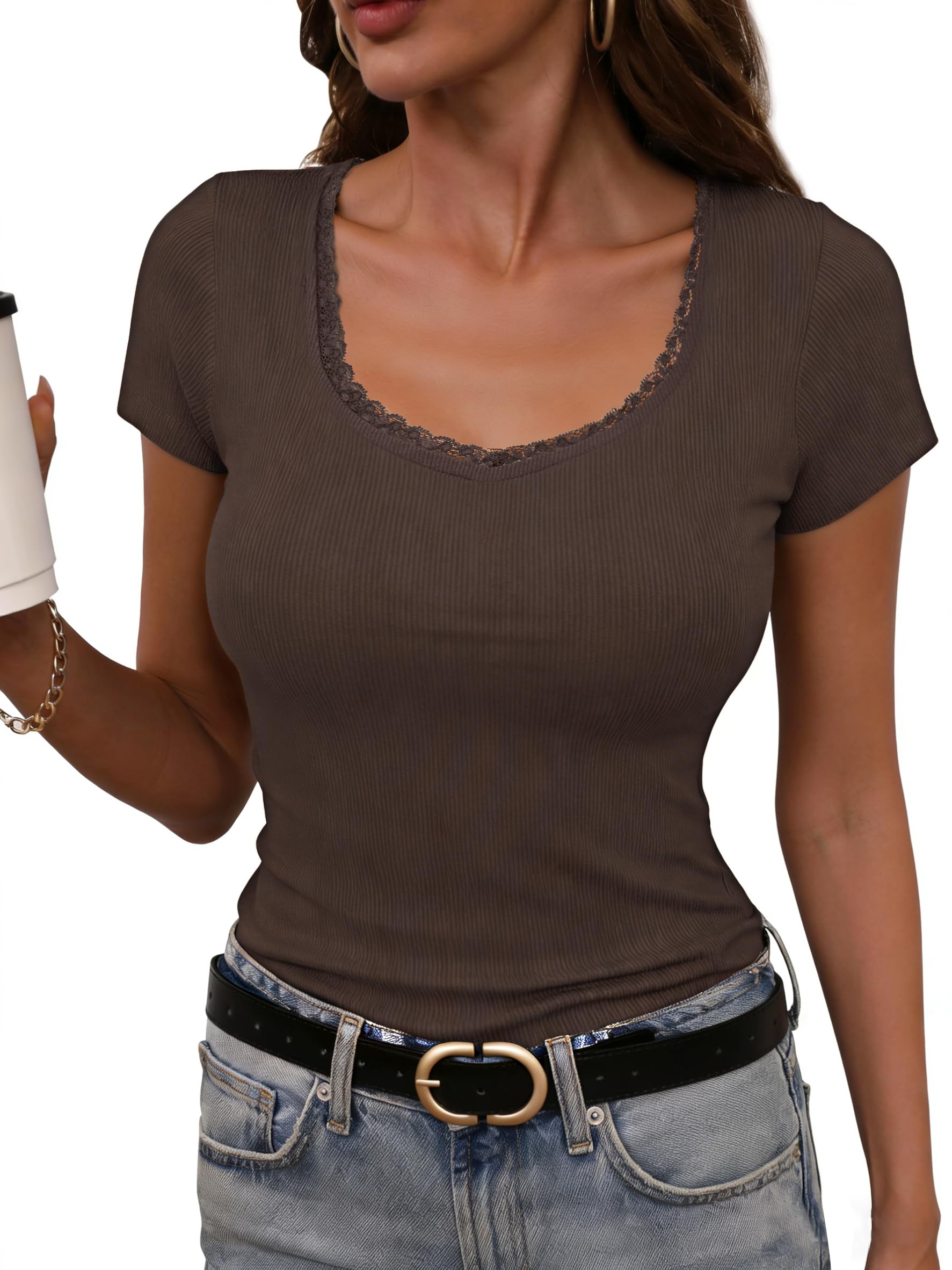 Terecey Tshirt Damen Slim Fit Tops Sommer Sexy Kurzarm Ribbed Tee S-XXL | 92 % Baumwolle, 8 % Elastan, Elegant Stretch Oberteile , gerippt mit Spitzensaum für Alltag, Büro, Urlaub und Freizeit