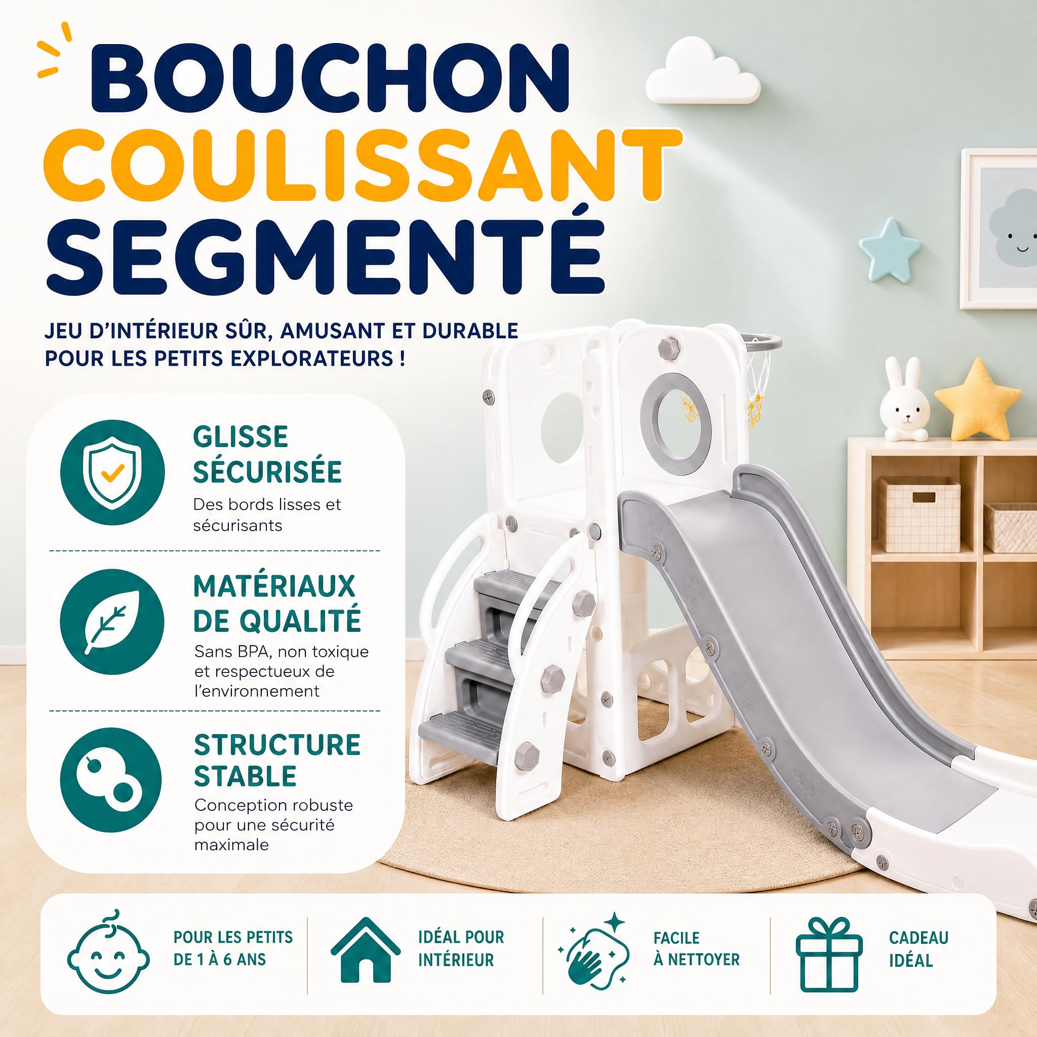 hotsizz Toboggan Enfant utilisable en intérieur et extérieur Toboggan 4 en 1 équipé d’Un Panier de Basket, d’Un bac de Rangement et d’escaliers d’Escalade,Longueur du Toboggan 136 cm