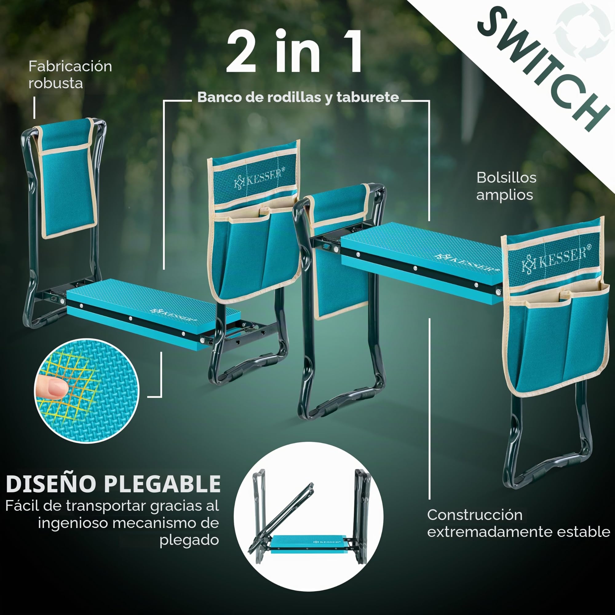 KESSER® 2 en 1 XXL - Banco para Rodillas para Trabajos de jardín, Acolchado de Espuma EVA, Plegable, Incluye 2 Bolsas de Herramientas, 60 x 50 x 27 cm, hasta 150 kg, Azul/Beige