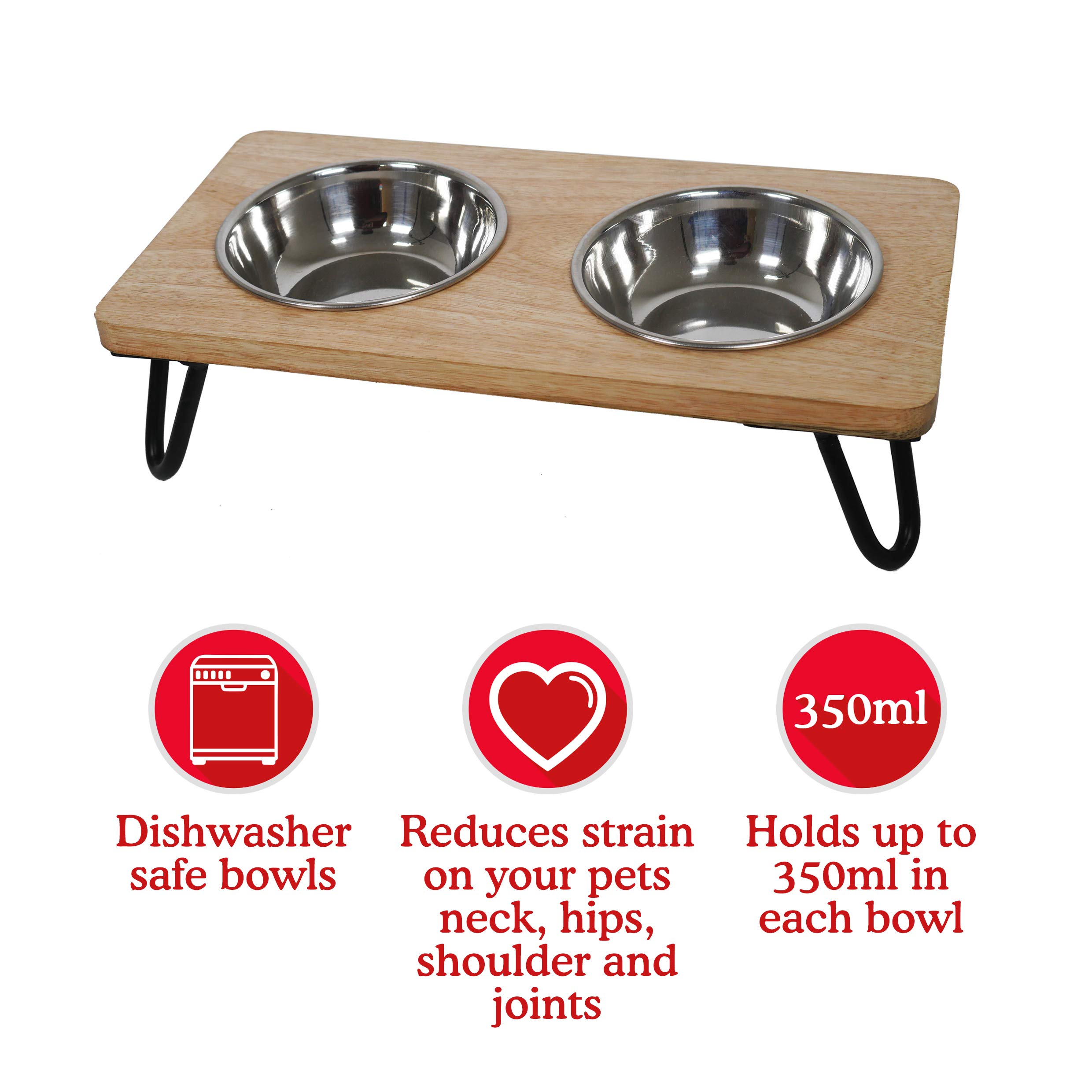 Rosewood Gamelle surélevée en Bois pour Chiens et Chats de Petite et Moyenne Taille avec Un Support surélevé Robuste et Deux gamelles d'eau et de Nourriture en Acier Inoxydable, Taille M