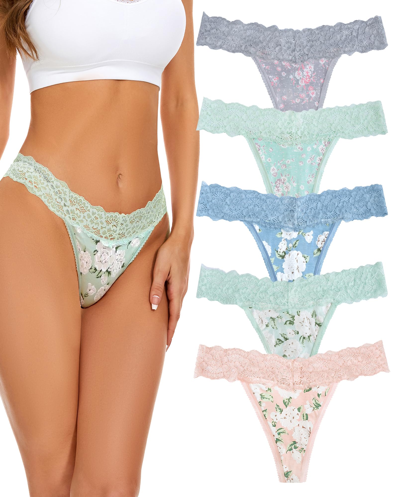 Lace Seamless Thongs Underwear for Women,No Vpl Show Knickers,Ladies Breathable Tanga Multipack,Comfortable Soft Laser Cut Panties,Invisible Woman Lacy Side Gym G String Underpants 5-Pack