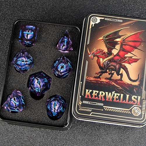 Miniatura 6 de KERWELLSI Sharp Edge - Juego de dados DND de resina con caja de regalo, 7 piezas de dados de ojo para observador central de flotador poliédrico,