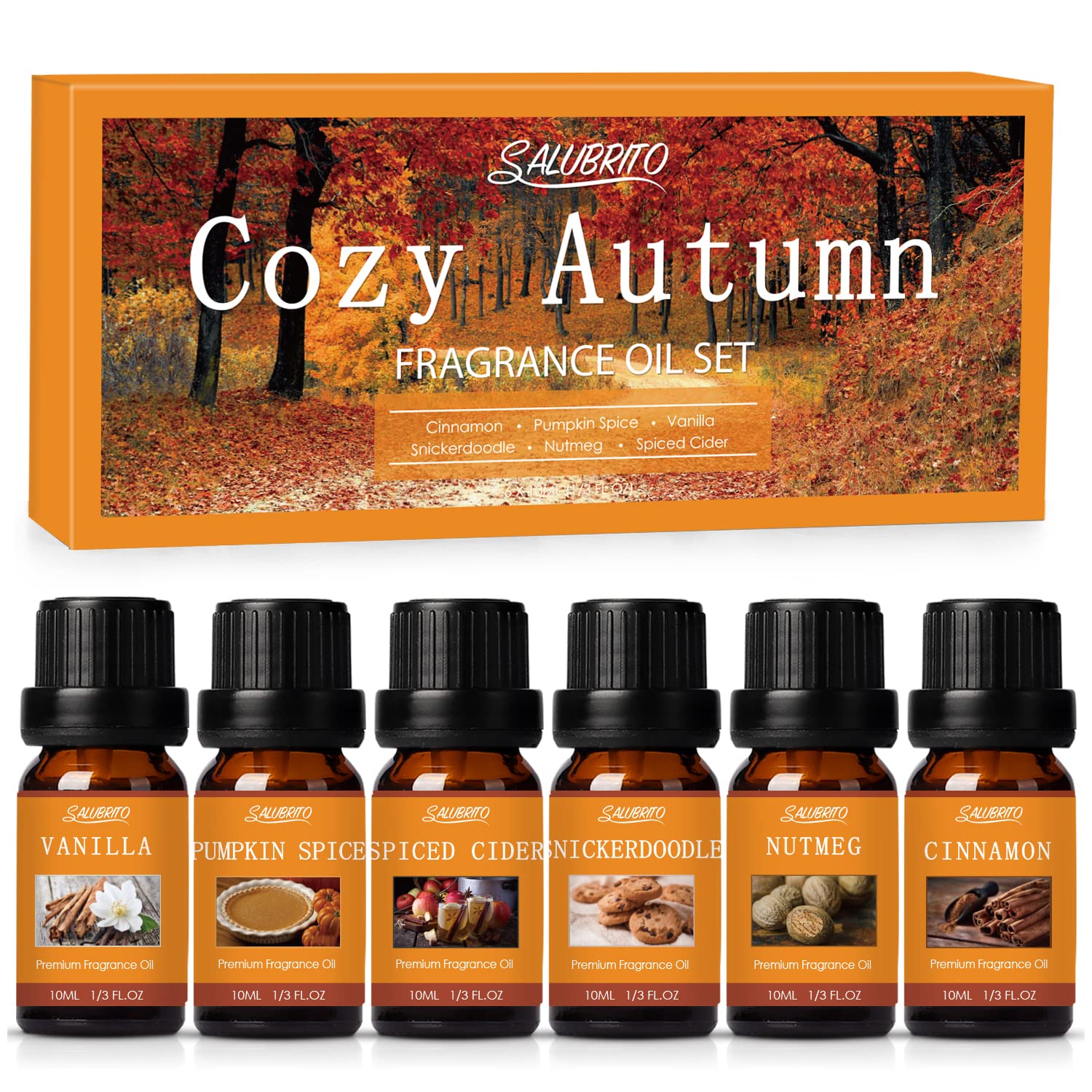 Salubrito Autumn Fragrance Oils, Essential Oils for Diffuser, Candle & Soap Making Scents, Fall Aromatherapy Oil Gift Set, Cinnamon, Vanilla, Pumpkin Spice, Snickerdoodle, Spiced Cider, Nutmeg