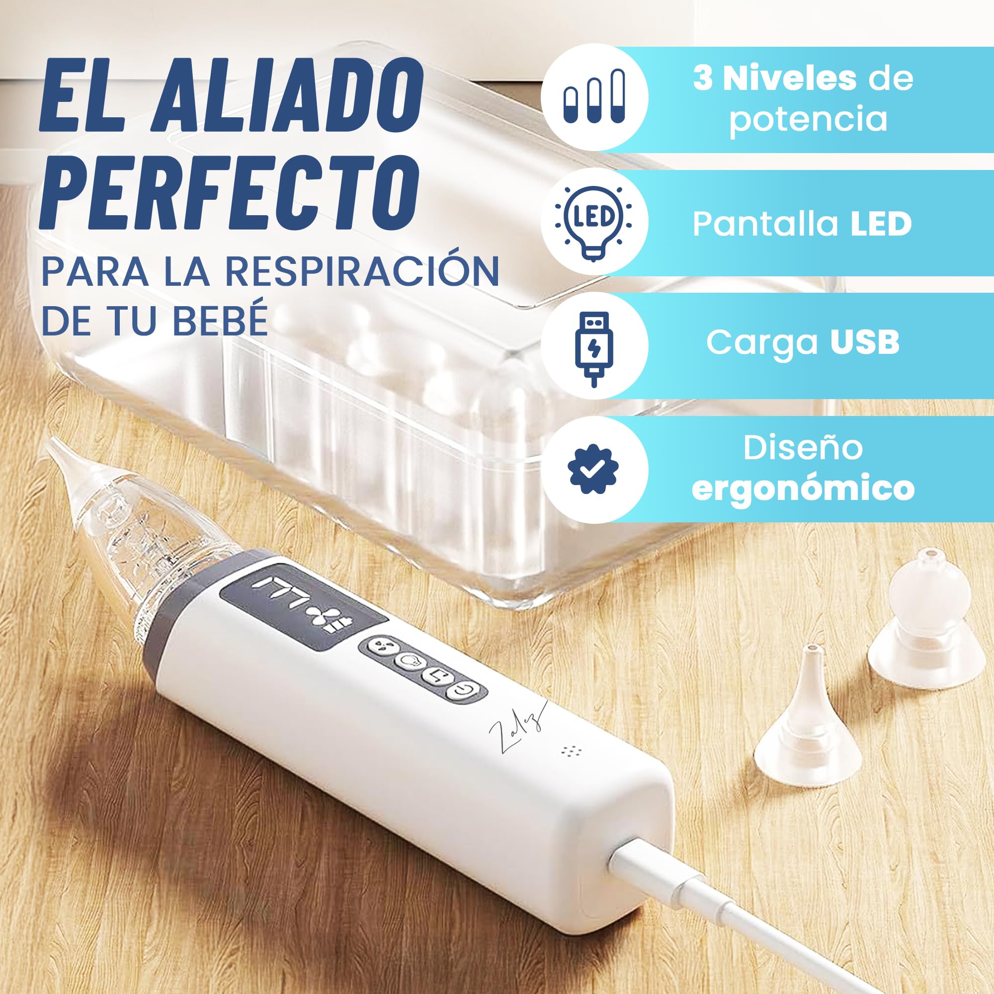 ZALEZ - Aspirador Nasal para Bebe - Sacamocos Bebe - Aspirador Nasal Recargable con 3 Boquillas y 3 Niveles de Succión - Saca Mocos para Bebes con Luz, Música Relajante para Recién Nacidos
