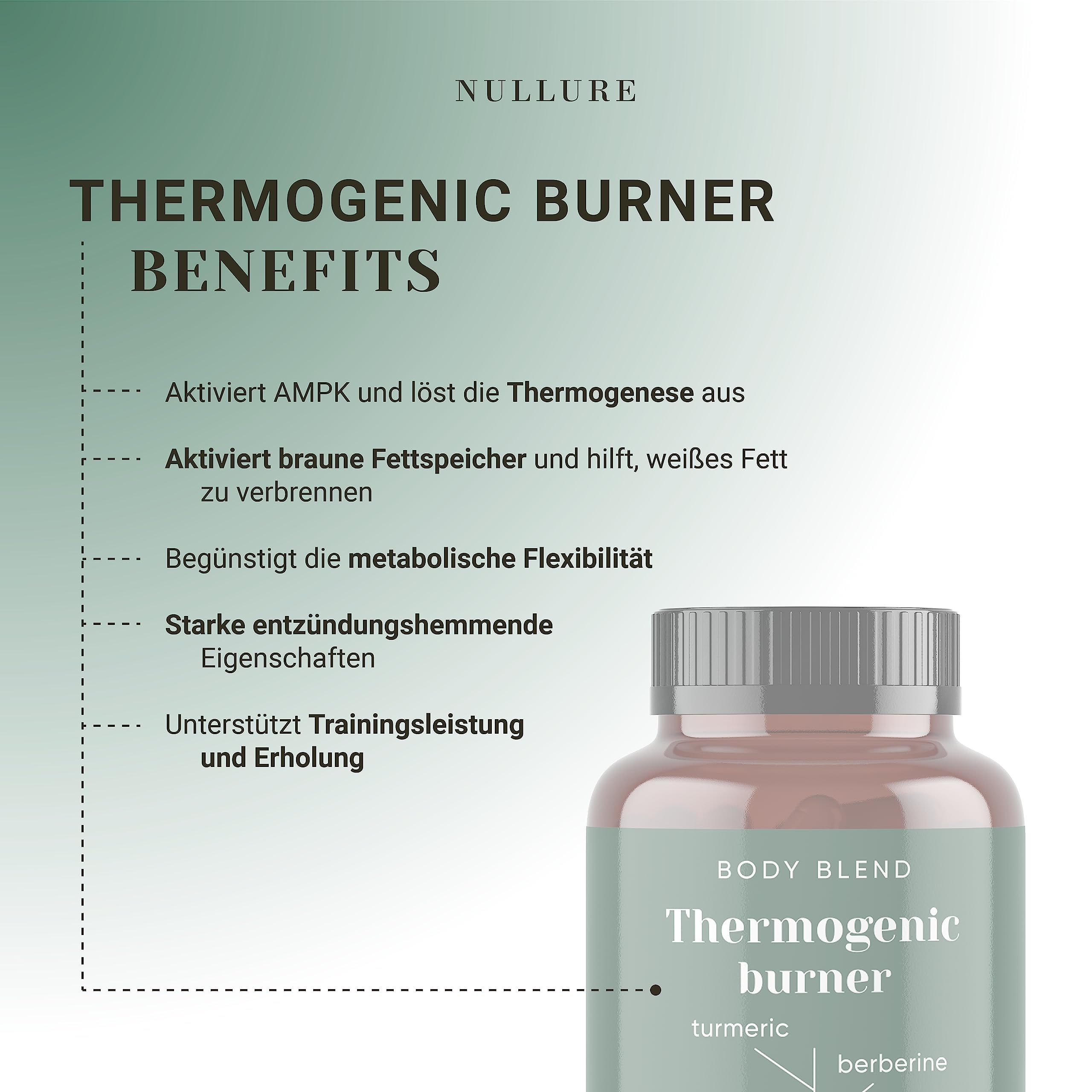Nullure Thermogener Natürlicher I Vegan I Grüner Tee + Kurkuma + Ingwer + Berberin + Resveratrol + Knoblauch + Vitamin A + Piperin - 120 Kapseln (2 Monate)