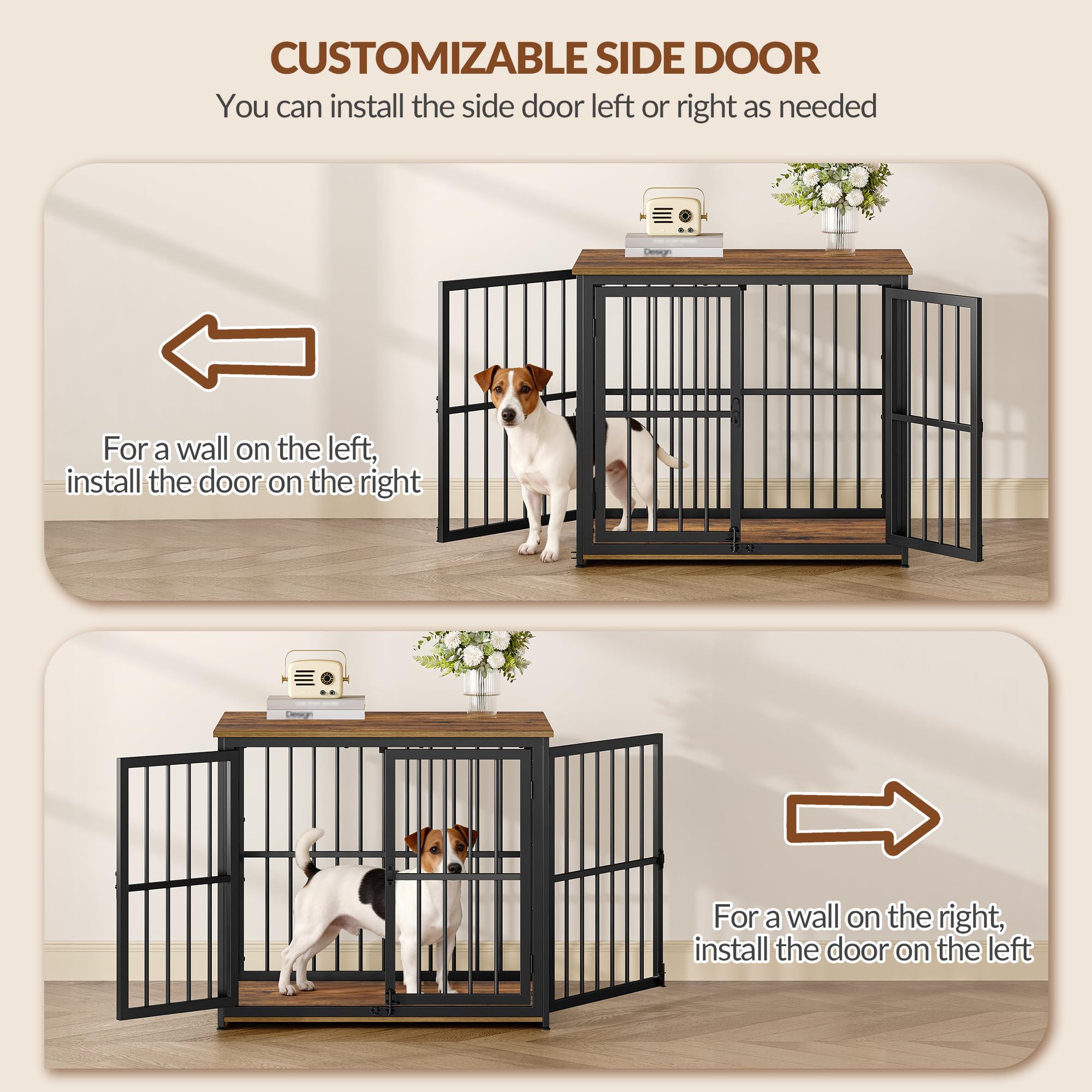 Jaula para Perros, 80cm Jaula Mueble para Perro con 3 Puertas, Casa Madera Perro, Mesa Auxiliar, Perros Pequeños y Medianos, Casa Interior Perros, 80 x 60 x 70 cm, Marrón Rústico y Negro