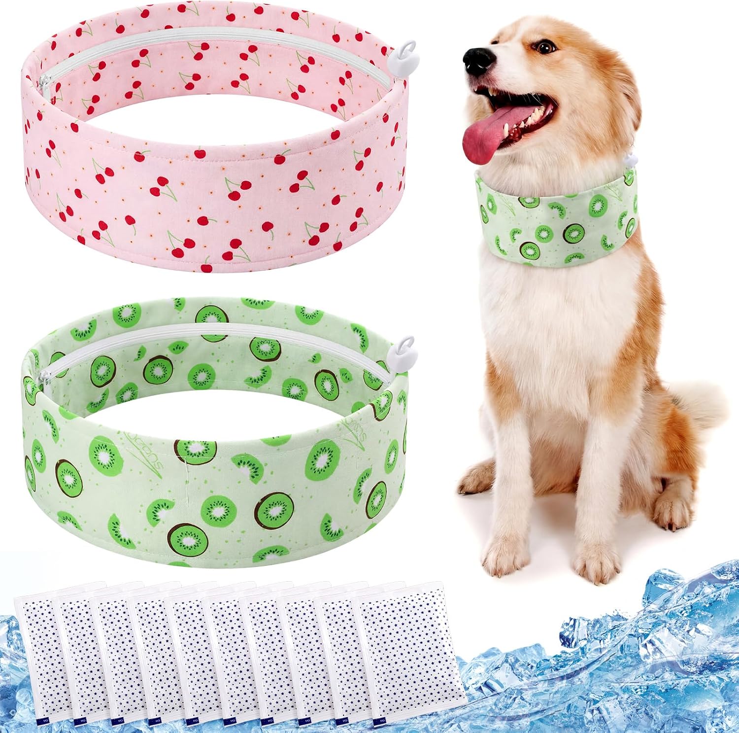 2 Pack Dog Cooling Bandana Collar with 10 Ice Packs, Adjustable Cooling Neck Wrap for Dogs, Reusable Pet Scarf for Hot Weather Summer Cats and Dogs(S,Pink Flamingo&Strawberry) image 5