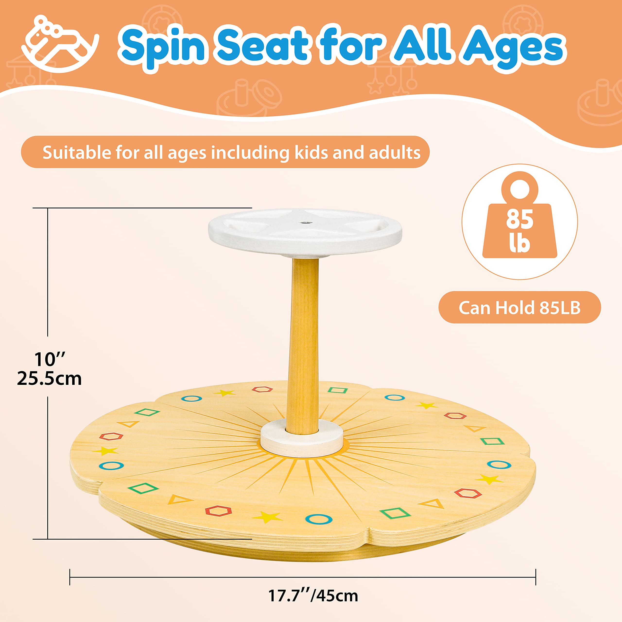 Woodtoe Wooden Spinner Seat for Toddler - 17.7 Inch Sit and Spin Classic Spinning Activity Toy | Durable Seated Spinner Sensory Toy | Birthday Gift for Baby Kids Boys Girls