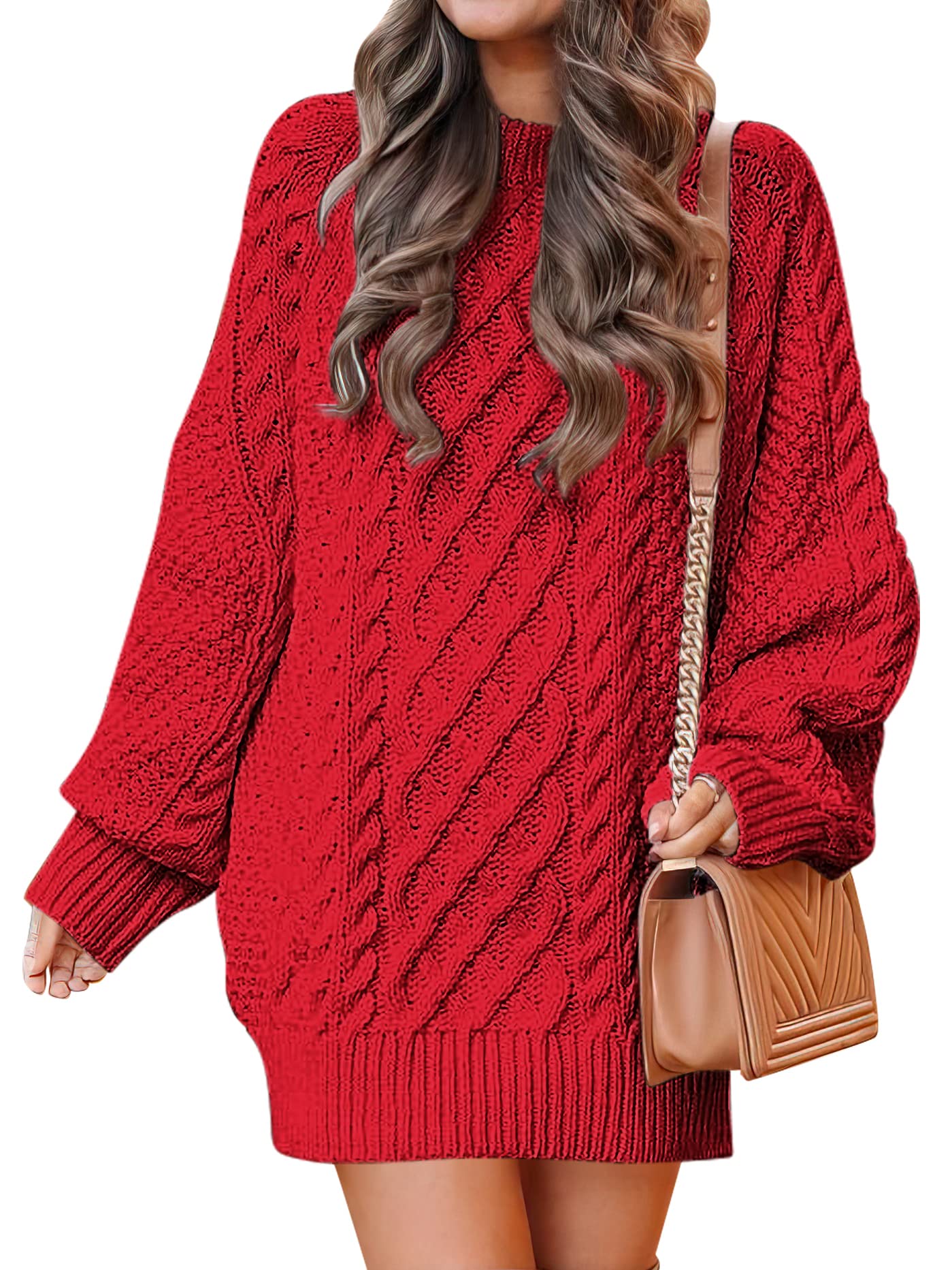 ANRABESS Womens Sweater Dress Oversized Cable Knit Chunky Long Sleeve Short Dresses 2025 Fall Outfits Vacation Winter Clothes: Red X-Large