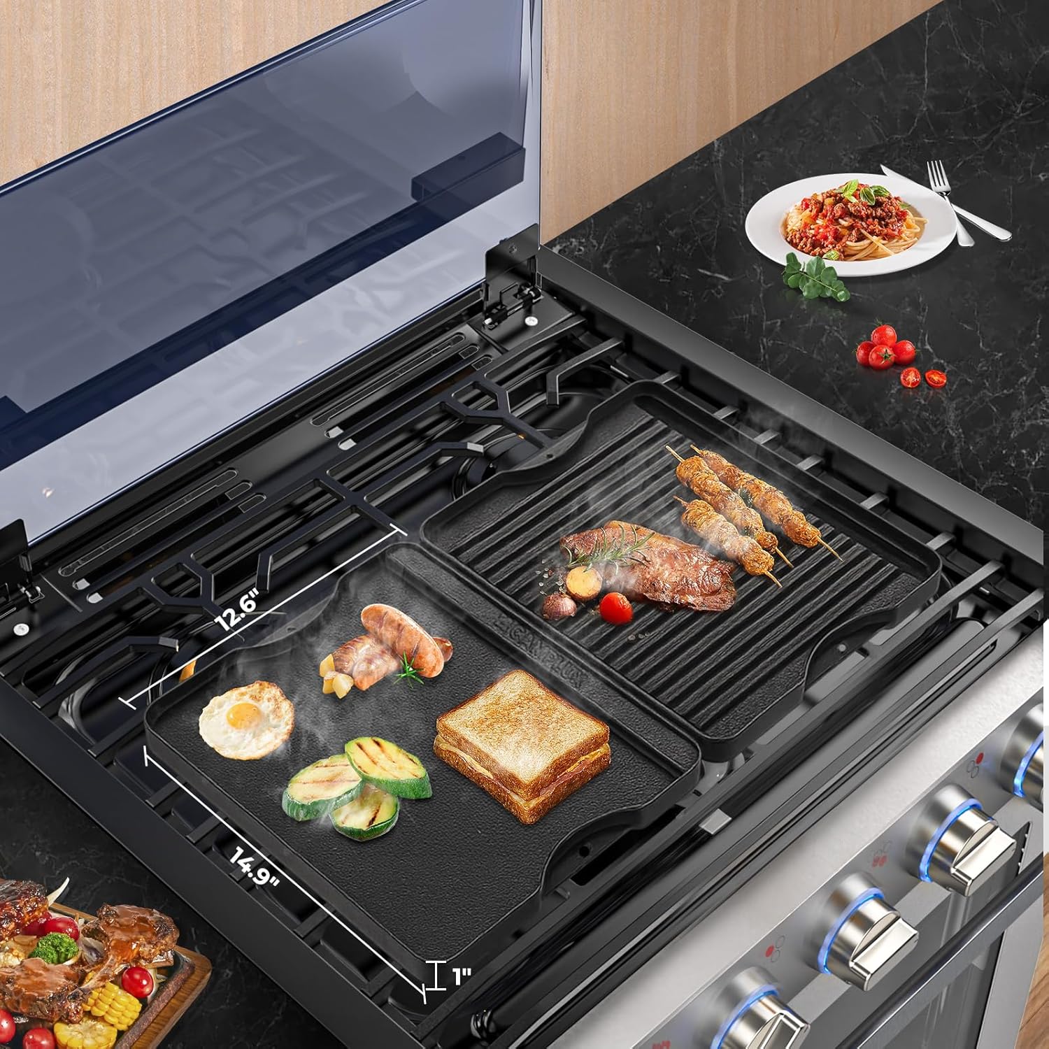 CAMPLUX 2 IN 1 Reversible Cast Iron Griddle, Pre-Seasoned 15" x 12.8" Double Sided Cast Iron Griddle Grill Plate, Flat & Ribbed Surface Used on Stove, Grill or Campfire, Rectangular