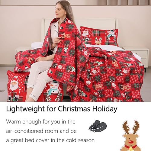 Miniatura 8 de Colchas reversibles de Papá Noel de Navidad, color rojo, verde, tamaño King, diseño de reno, muñeco de nieve, colcha a cuadros, regalo de Año Nuevo,