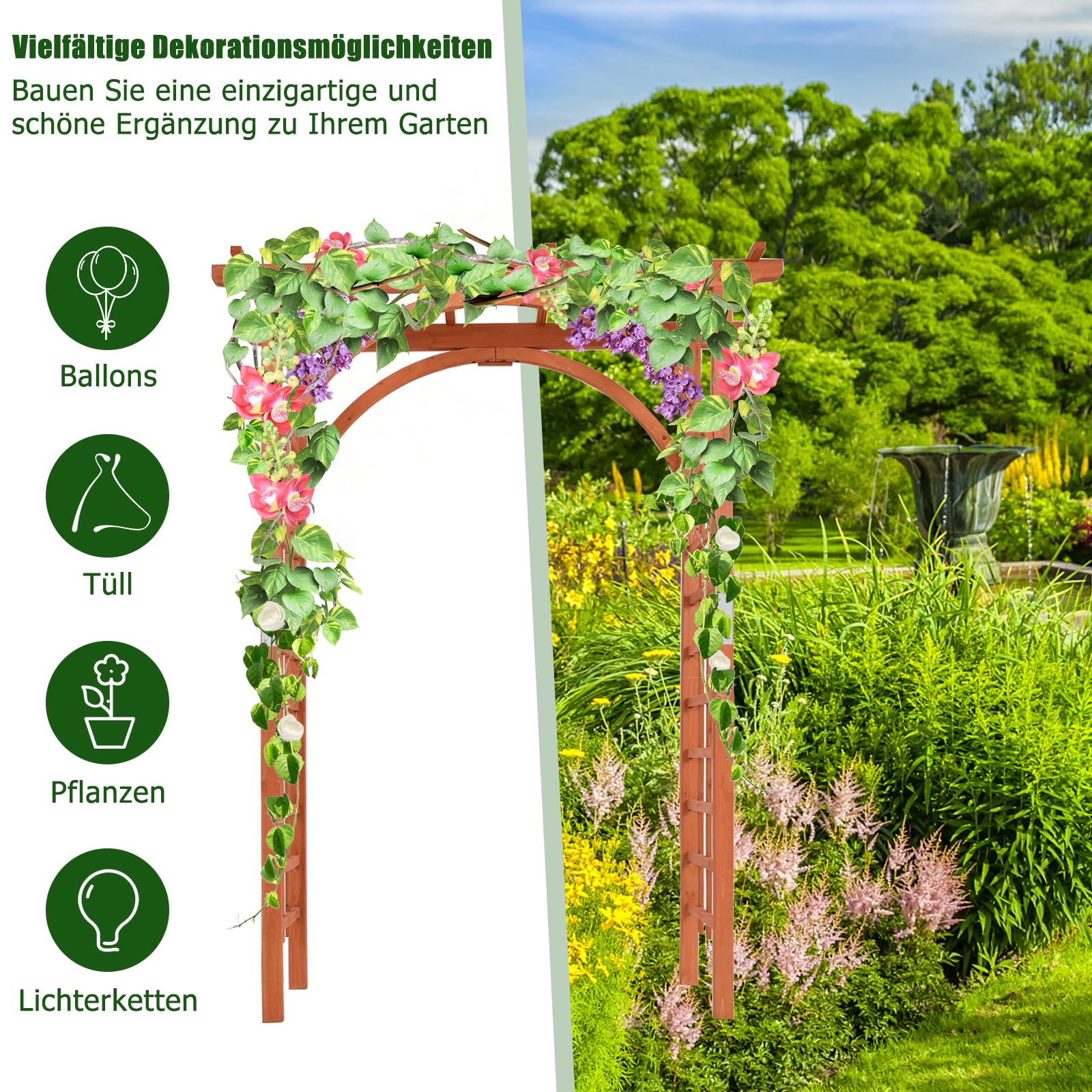 GOPLUS Rosenbogen Holz, Gartenbogen Pergola mit Rankhilfe für Kletterpflanzen, Torbogen Holzbogen Rankgitter Hochzeitsbogen Rankbogen für Hochzeit & Party, 160 x 60 x 215 cm, Natur