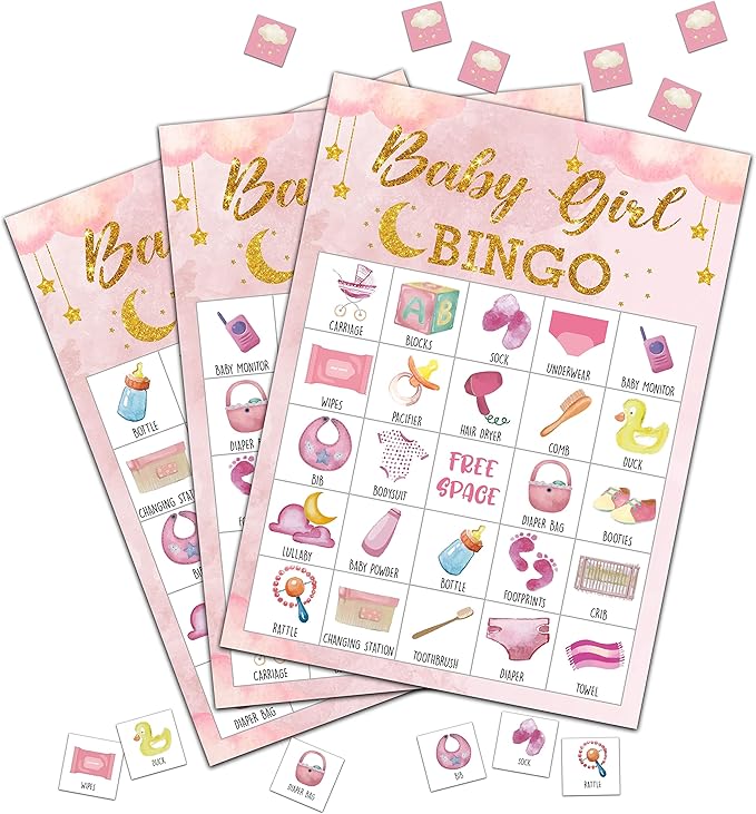 DOQPO Baby Shower Bingo Games, Moon and Stars Baby Shower Bingo Cards, Baby Shower