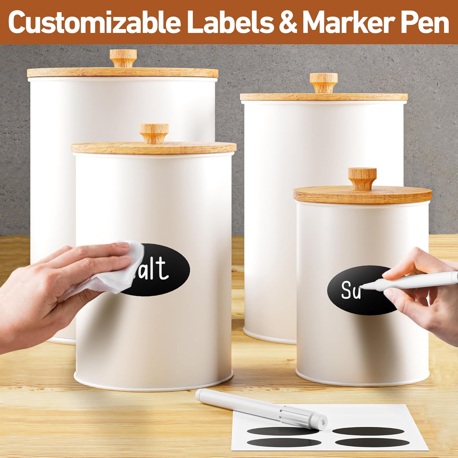 Kitchen Canisters for Countertop Set of 4 with Customizable Chalkboard Labels & Marker Pen - Big Iron Kitchen Canisters with Airtight Lids - White Canister Set - Flour and Sugar Containers Farmhouse - Image 5