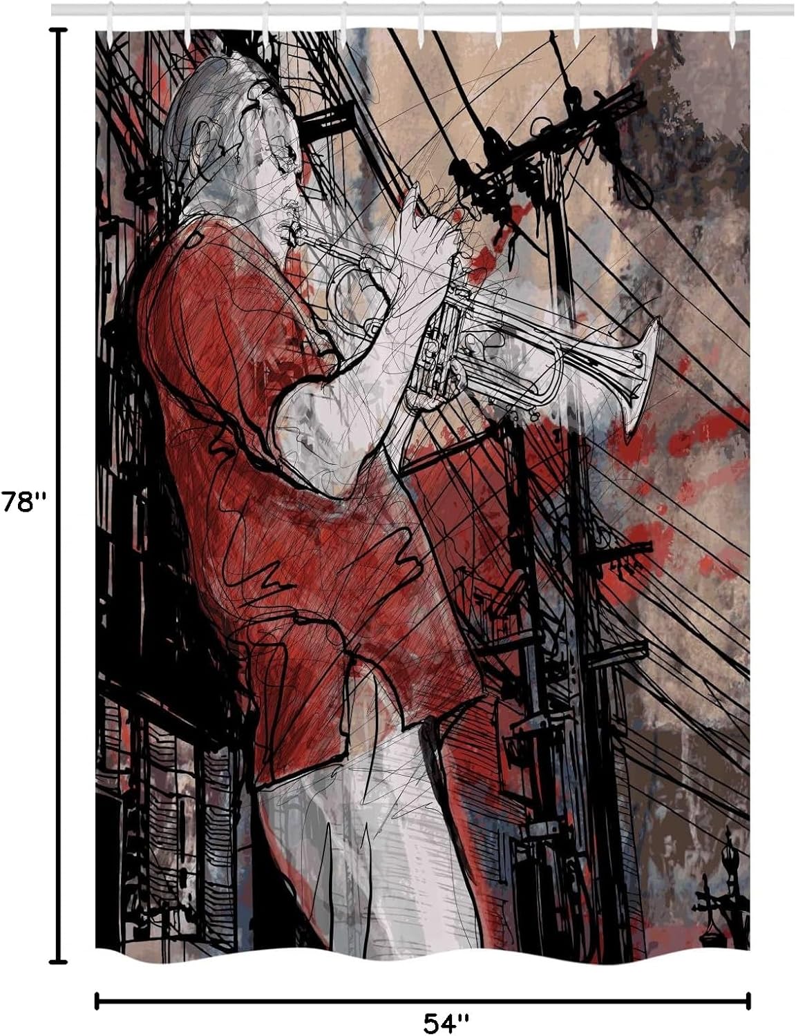 Ambesonne Music Stall Shower Curtain, Trumpet Musician on Grunge Cityscape Background in The Night Boho Art Print, Fabric Bathroom Decor Set with Hooks, 54" W x 78" L, Red Black White